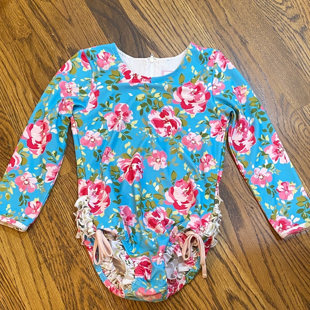 SweetHoney Blue Floral Bodysuit with Pink Trim